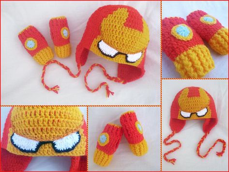 Iron Man Set: Hat + Mittens by https://argentinian-queen.deviantart.com on @DeviantArt Man Crochet Hat, Crochet Hat Pattern Free, Crochet Knit Hat, Crochet Cap, Beginner Crochet Projects, Hat Ideas, Man Hat, Man Set, Halloween Crochet