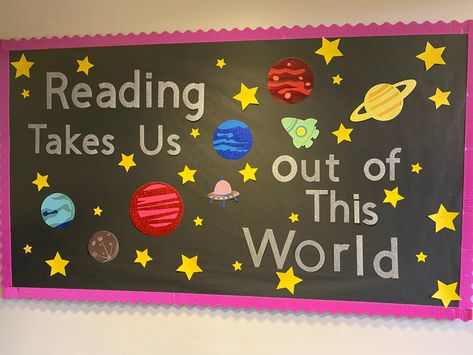 Reading takes us out of this world! Space Bulletin Boards, Space Library, Old Classroom, School Library Bulletin Boards, Space Theme Classroom, School Library Displays, Library Bulletin Board, Space Classroom, Success Academy