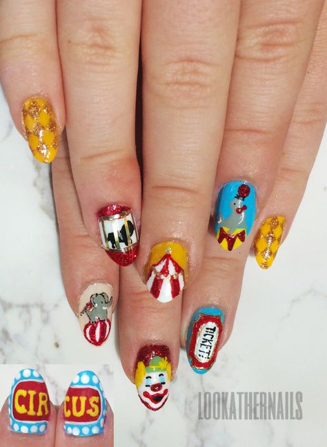 Circus / carnival nail art by LookAtHerNails Really Easy Nails, Circus Nails, Europe Nails, Carnival Nails, Nail Room Ideas, Crazy Nail Art, Spring Carnival, Nail Art Images, Nail Room