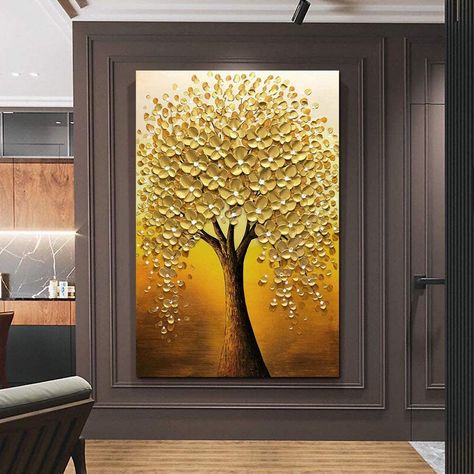 Tree Painting Canvas, Painting 3d, Golden Tree, Buddha Painting, Office Meeting, Abstract Wall Decor, Oil Painting Flowers, Painted Canvas, Handmade Oil