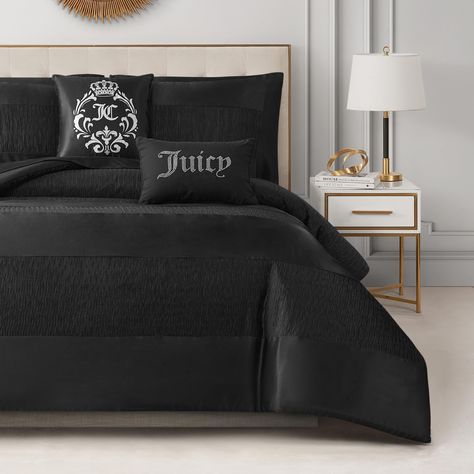 PRICES MAY VARY. 100% Polyester Complete Bedding Ensemble: Elevate your bedroom with the Juicy Couture Glam Night set, featuring a luxurious comforter, two shams, and two decorative pillows adorned with iconic Juicy branding and elegant detailing. Premium Quality Material: Crafted from 100% polyester microfiber, this bedding set offers exceptional softness, durability, and easy maintenance for long-lasting comfort. Chic Design: The Glam Night design showcases black stripes of silky satin adding Comforter Bedding, Casual Luxury, Comforter Set, Twin Xl, Juicy Couture, Bedding Set, Angeles, Couture, Pillows