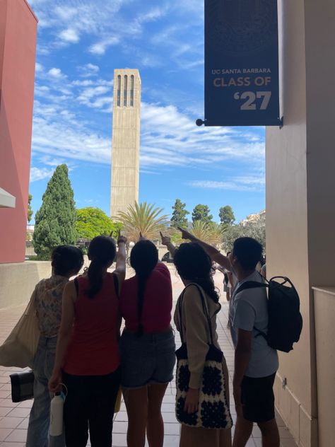 Class of 2027 students pointing at Storke Tower at UCSB (University of California, Santa Barbara) Uc Santa Barbara Campus, Uc Santa Barbara Aesthetic, University Of California Santa Barbara, Ucsb College Aesthetic, Ucsb Aesthetic, Ucsb Campus, Ucsb College, University Of Santa Barbara, Future University