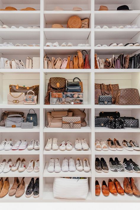 I meaaaaan 😍 These are our built-ins, but you can order smaller units like these off of Amazon and stack them to create the same look! The Neat Method got ALL of my (and Jordan’s!) shoes to somehow fit and organized them by color. Clearly, I love me a white sneaker! Master Closet Purse Display, Purse And Shoe Organization, Shoe And Purse Closet, Big Walk In Closet Luxury, Bag Collection Closet, Bag And Shoes Closet, Custom Closet Cabinets, Purse Closet, Dani Austin