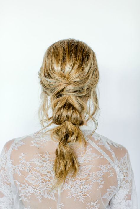 Loose textured ponytail by The Styling Stewardess for a boudoir shoot. thestylingstewardess.com Boho Low Pony Wedding, Soft Pulled Back Wedding Hair, Casual Wedding Hair Updo, Bridal Pigtails, Bridal Messy Hairstyles, Casual Bride Hair, Messy Braid Wedding Hair, Bridesmaid Braided Hairstyles, Bride Braided Hairstyles