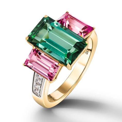 Tourmaline and Spinel Cocktail Ring, 18k Yellow Gold Green Tourmaline Pink Spinel For Sale at 1stDibs Pink And Green Ring, Green Tourmaline Jewelry, Art Deco Inspired Jewelry, Tourmaline Rings, Pink Tourmaline Jewelry, Jewelry Photography Styling, Green Tourmaline Ring, Pink Spinel, Pink Tourmaline Ring