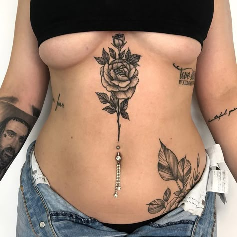 Roses Stomach Tattoo, Upside Down Rose Tattoo Sternum, Rose Stomach Tattoos Women, Sternum Script Tattoo, Roses On Stomach Tattoo, Rose Tattoo Sternum, Sternum Rose Tattoo, Rose Stomach Tattoo, Flower Tattoo Sternum