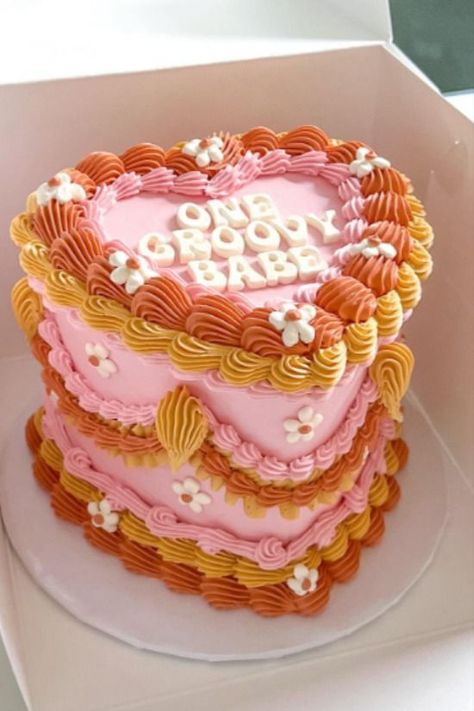 cake bakedbyjulie Groovy Cake Design, Vintage Cake Bachelorette, Birthday Cake Groovy, 70s Cake Design, Too Groovy Birthday Cake, 1970s Birthday Cake, Heart Lambeth Cake, Trending Birthday Cakes 2023, Groovy Sheet Cake