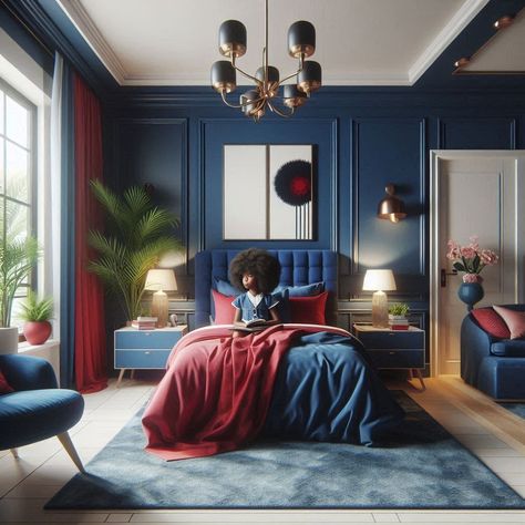 Serene Blue Walls with Red Pop Of Colour🛏️🔴🔵 #BoldColors #interiordesigncaptions #interiordesigninspo #Bedroomfurniture #bedroomdesign #bedroommakeover #bedroominspo #bedroomdecordesign created for inspirational purpose. Blue Bedroom With Red Accents, Dark Blue And Red Bedroom, Bedroom With Red Accents, Blue And Red Bedroom, Red And Blue Bedroom, Bedroom Canopy, Dark Blue Bedroom, Dark Blue Bedrooms, Bedroom Dimensions