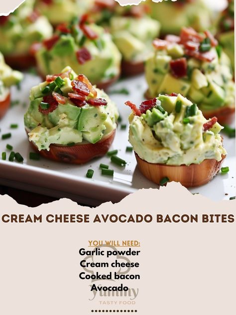 🥑 Indulge in Cream Cheese Avocado Bacon Bites! 🥓✨ #AvocadoBites #SavorySnack Cream Cheese Avocado Bacon Bites Ingredients: Avocado, diced (1) Cream cheese, softened (4 oz) Cooked bacon, crumbled (4 slices) Garlic powder (1/2 tsp) Salt and pepper to taste Fresh chives, chopped (for garnish) Instructions: In a bowl, mix cream cheese, garlic powder, salt, and pepper. Gently fold in diced avocado and crumbled bacon. Spoon mixture into bite-sized portions. Garnish with fresh chives before serv... Crumbled Bacon, Fresh Chives, Savory Snacks, Garlic Powder, Cream Cheese, Garlic, Bacon, Avocado, Cheese