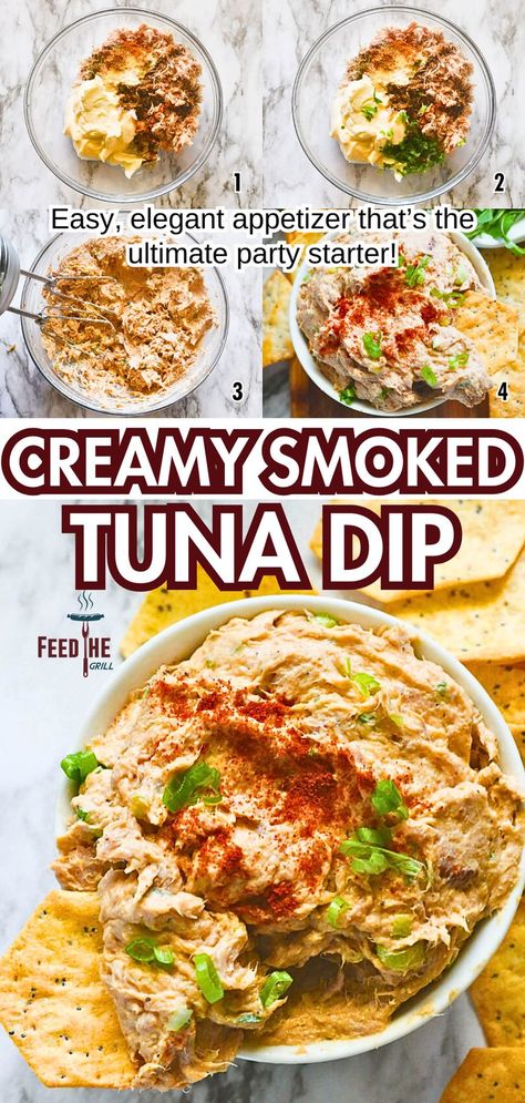 Easy smoked tuna dip! Creamy, smoky, and tangy, it’s the perfect starter that’s ready in minutes. Pair it with crackers, fresh veggies, or tortilla chips, and watch as compliments roll in. This elegant seafood appetizer is sure to impress your guests and keep them coming back for more! Tuna Ball Dip, Tuna On Crackers, Fresh Tuna Appetizer Recipes, Tuna Dip Recipes Easy, Smoked Tuna Salad, Smoked Tuna Dip Recipe, Tuna Balls Recipe, Bluefin Tuna Recipe, Tuna Balls