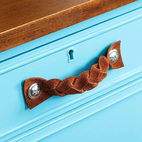 Diy Cabinet Handles, Dresser Turned, Redo Kitchen Cabinets, Leather Drawer, Leather Drawer Pulls, Diy Kitchen Projects, Dresser Handles, Rustic Coffee Tables, Wood Chest