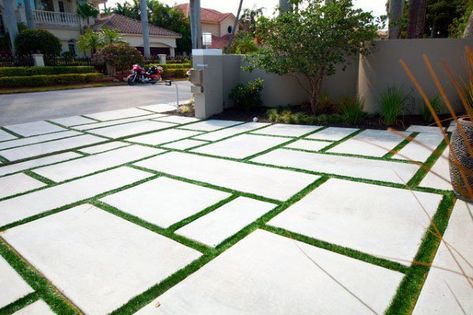 Top 50 Best Concrete Driveway Ideas - Front Yard Exterior Designs Backyard Grass Landscaping, Large Concrete Pavers, Grass Driveway, Large Backyard Landscaping, No Grass Backyard, Driveway Design, Driveway Landscaping, Grasses Landscaping, Modern Landscape Design