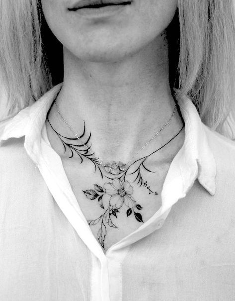 Badass Tattoos For Women, Chest Neck Tattoo, Neck Tattoo Women, Full Neck Tattoos, Nape Tattoo, Empowering Tattoos, Jewel Tattoo, Necklace Tattoo, Throat Tattoo