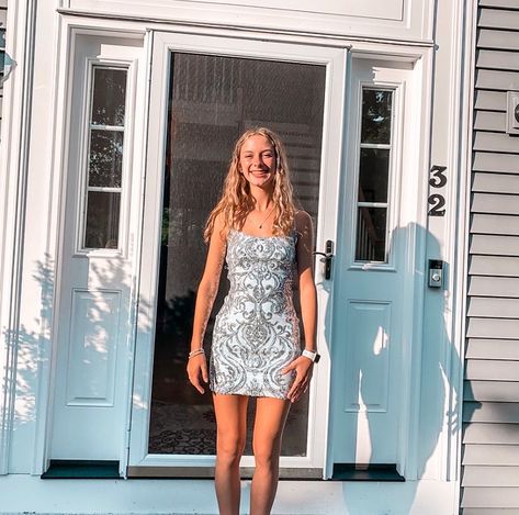 hoco dress -light blue and silver dress from windsor Homecoming Dresses Silver, Hoco Silver Dress, Hoco Dress Light Blue, Hoco Dresses Silver, Windsor Homecoming Dresses, Silver Dress Hoco, Hoco 2022 Dresses, Homecoming Dresses Light Blue, Windsor Hoco Dresses