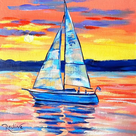 Watercolour Boat Painting, Sail Boat Painting, Sailboat Painting Acrylic, Beach Scene Painting, Sunrise Painting, Sailboat Painting, Boat Art, Cute Paintings, Boat Painting