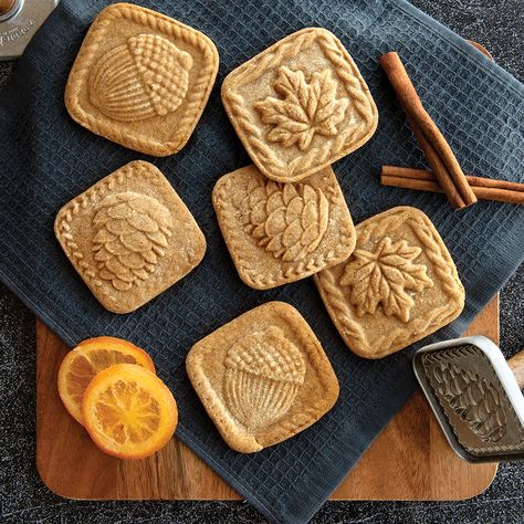 Fall Spice Stamped Cookies Stamp Cookies Recipe, Maple Leaf Cookies, Seasonal Baking, Springerle Cookies, Classic Peanut Butter Cookies, Nordic Ware, Cookie Stamps, Baking Gifts, Fall Cookies