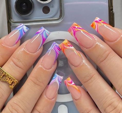 Purple Cute Nails, Long Vacation Nails, Long Colorful Nails, Colorful Chrome Nails, Trendy Summer Nails 2023, Insta Nails, Trendy Summer Nails, Summer Nails 2023, Unghie Sfumate