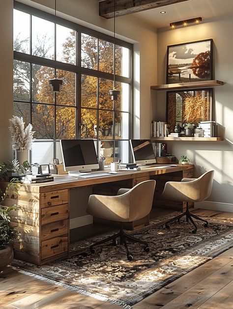 Couple Work Space Office Ideas, Two Person Small Office, Home Office Desk In Front Of Window, Office With Reading Nook, Couples Office Space Home, Home Office For 2 People, Cozy Office Space At Work, Office Ideas For Two People, His And Her Office Space Home