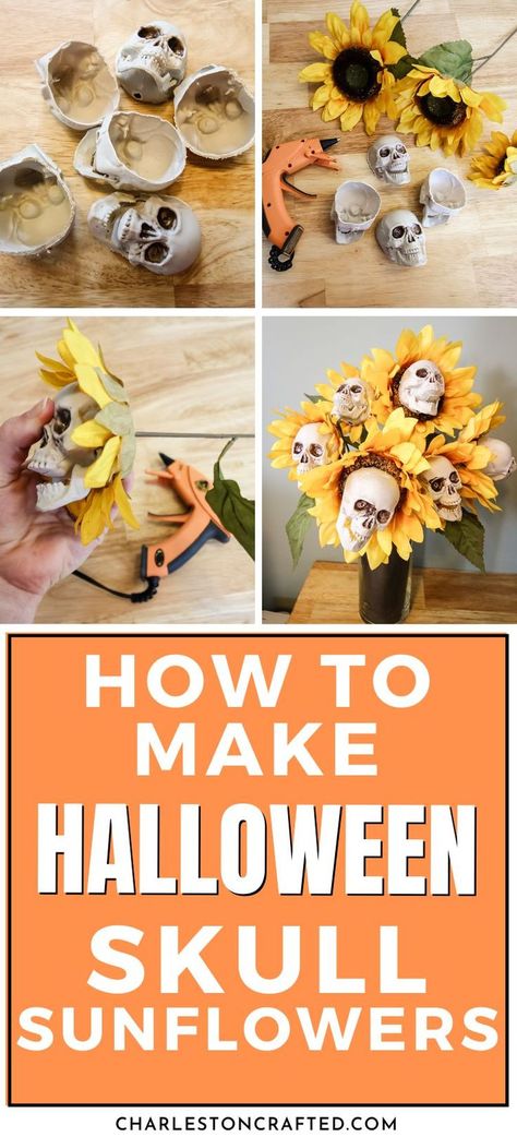 Want to add a spooky touch to your Halloween home decor? Here’s how to make super simple Halloween sunflower skulls + eyeball flowers! Halloween Sunflower, Skull Diy, Diy Halloween Home Decor, Halloween Mantle, Make Halloween, Halloween Eyeballs, Diy Plant Stand, Clear Glass Vases, Halloween Home