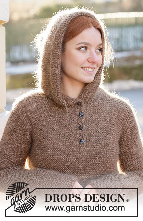 Woodland Pixie / DROPS 237-5 - Free knitting pattern Ladies Cardigan Knitting Patterns, Easy Knitting Patterns Free, Hoodie Pattern, Knit Bottom, Cardigan Pattern, Sweater Knitting Patterns, Garter Stitch, Free Knitting Pattern, Knit Hoodie