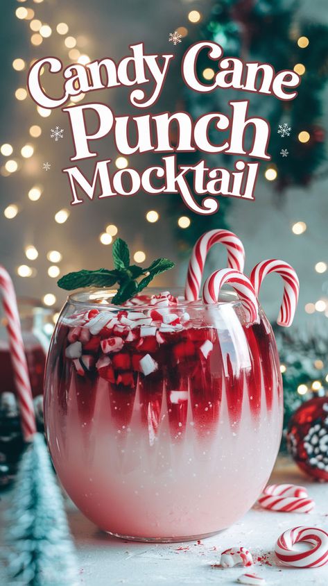 "Get into the holiday spirit with this delightful Candy Cane Punch Mocktail recipe! Perfect for festive gatherings, this non-alcoholic holiday beverage combines refreshing flavors that everyone will love. Explore this easy holiday punch recipe to create a stunning Christmas mocktail that will impress your guests. Ideal for your festive drink ideas, this seasonal drink recipe is a must-try for all your holiday celebrations!" Canada Dry Holiday Punch, Drinks With Rock Candy, Christmas Cocktail Non Alcoholic, Christmas Drinks With Ornament, Hot Cranberry Punch, Christmas Party Drink Ideas Non Alcoholic, Christmas Drink Garnish Ideas, Christmas Brunch Punch Non Alcoholic, Christmas Punch Mocktail