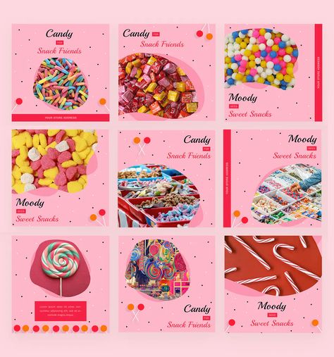 Candy Instagram Post Templates PSD Candy Social Media Design, Snack Instagram Feed, Pink Social Media Design, Candy Shop Ideas Design, Snack Corner, Candy App, Unique Candy, Instagram Grid Design, Social Media Advertising Design