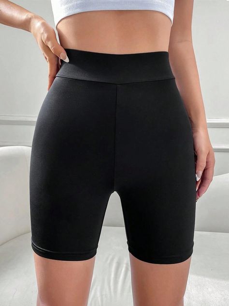 Black Casual Collar  Knitted Fabric Plain Biker Shorts Embellished Slight Stretch  Women Clothing Black Biker Shorts, Cycling Shorts, Biker Shorts, Black Casual, Nepal, Women Clothing, Knitted Fabric, Cycling, High Waist