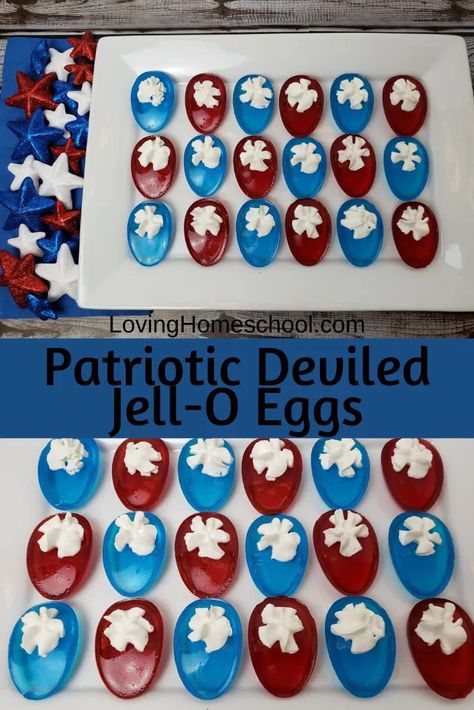 Patriotic Deviled Jell-O Eggs: Deviled eggs but sweet and in pretty red, white and blue colors for your holiday celebration! Memorial Day, Flag Day, July 4th! #patriotic #4thofjuly #homeschoolpatriotic #homeschool4thofjuly #memorialday #homeschoolmemorialday #homeschool #lovinghomeschool #teacherpatriotic #teacher4thofjuly #teachermemorialday #teacher #teacherindependenceday Jello Eggs, Blueberry Trifle, Eggs Deviled, Memorial Day Desserts, 4th July Food, Patriotic Desserts, Fourth Of July Food, Flag Day, Jell O