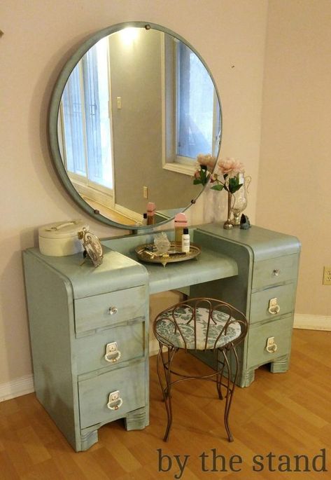 Makeup Vanity Makeover With Country Chic Paint Makeup Vanity Makeover, Waterfall Furniture, Paint Bathroom, Vanity Makeover, Country Chic Paint, Painted Vanity, Art Deco Vanity, Waterfall Art, Antique Vanity