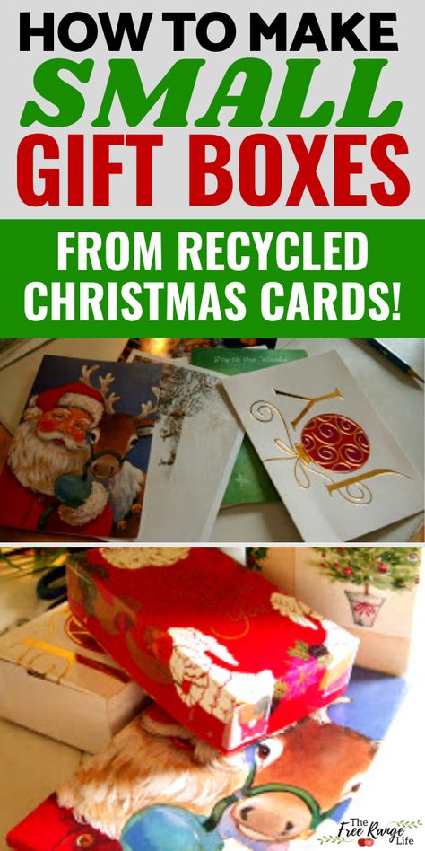 Are you looking for something to do with old recycled Christmas cards? Try making these small gift boxes! This great recycled craft is a fun way to use old Christmas cards and gives you small boxes for things like ornaments, jewelry, and gift cards! Gifts Box Ideas, Recycled Christmas Cards, Old Christmas Cards, Recycle Christmas Cards, Recycled Christmas, Recycled Cards, Old Greeting Cards, Christmas Card Ornaments, Gifts Box