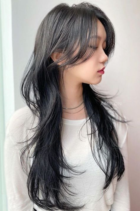 Japanese Layered Haircut Long, Hush Layered Cut, Long Hush Haircut, Wolfhair Cut, Wolf Cut Balayage, Korean Wolf Cut Long Hair, Japanese Wolf Haircut, Wolf Cut Back View, Shaggy Wolf Cut Long Hair