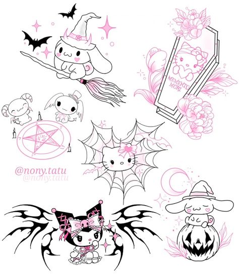 Punk Hello Kitty Tattoo, Kawaii Goth Tattoo Ideas, Hello Kitty Ghost Tattoo, Hello Kitty And Friends Tattoo Ideas, Creepy Kawaii Tattoo, Hello Kitty Bandages Tattoo, Tattoo Ideas Sanrio, Kawaii Tattoo Stencil, Dark Kawaii Tattoo