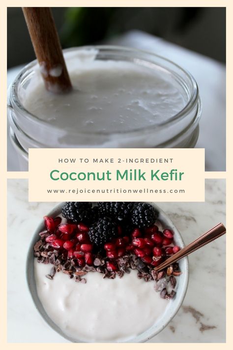 2-ingredient coconut milk kefir is the easiest kitchen staple you can make. It's is vegan and dairy-free, supports weight-loss and digestion. Add it to smoothies, yogurt, or enjoy alone with fruit. Longevity Foods, Healthy Kitchen Staples, Coconut Milk Kefir, Smoothies Yogurt, Coconut Kefir, Milk Kefir Grains, Longevity Recipes, Candida Recipes, Kitchen Staples