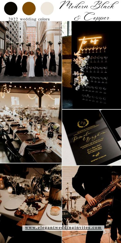 Wedding Black Tie Theme, Terracotta Wedding Theme Colors, Dinner En Noir, Modern Black And Gold Wedding, Dark Gray Wedding Theme, Black Ivory And Gold Wedding Reception, Black Grey Wedding Theme, Classic Black And White Wedding Party, Celestial Wedding Palette