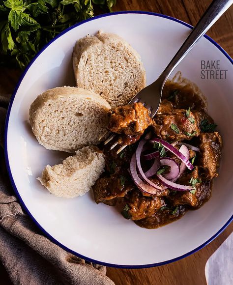 Goulash and Knedliky, Czech Republic recipe - Bake-Street.com Boiled Bread, Classic Goulash, Vienna Bread, Meat Stew, Hungarian Paprika, Hungarian Cuisine, Brown Sauce, Diced Potatoes, Caraway Seeds