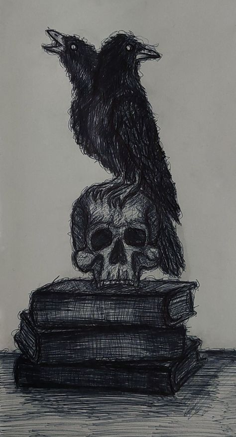 The Raven Drawing, Crow On Skull Drawing, Gothic Ink Art, Something With Two Heads, Raven Drawings, Crow Sketch, Raven Drawing, Crow Drawing, Inspo Drawing