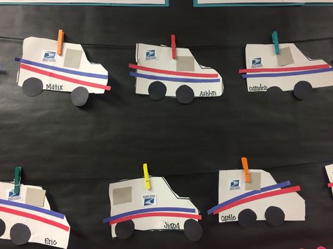 Mail truck craft for Community helper theme Postman Craft Preschool, Building Preschool Crafts, Mail Man Crafts Preschool, Mail Truck Craft, Mail Truck Craft Preschool, Community Helpers Art, Preschool November, Cars Preschool, Community Helpers Preschool Crafts