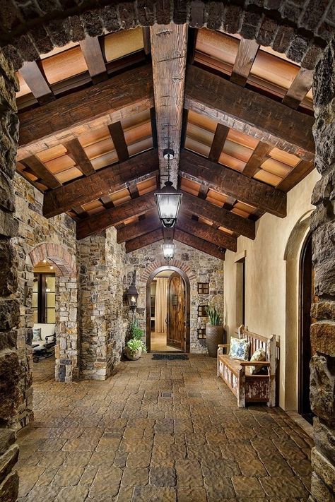 Bathroom Ideas Decor, Modern Barndominium, Hacienda Style Homes, Rustic Home Design, Hacienda Style, Stone Walls, Small Bathroom Ideas, Barndominium Ideas, Entry Way