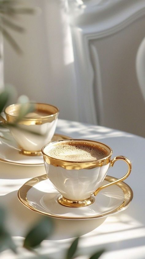 Gold Coffee Cup, Vacation Meals, Cool Pictures For Wallpaper, Gold Aesthetic, Coffee Photography, Aesthetic Coffee, Teapots And Cups, Beautiful Coffee, Coffee Cozy