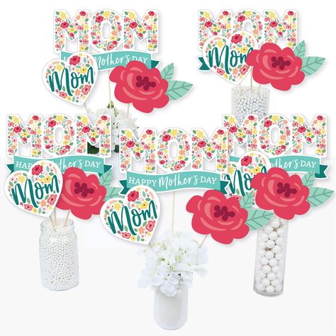 PRICES MAY VARY. Colorful Floral Happy Mother’s Day Centerpiece Sticks INCLUDES 15 dad table toppers in three different shapes, 15 table topper sticks and stickers for easy assembly. Mom party table decorations are perfect for a we love mom event. Colorful Floral Happy Mother’s Day Centerpiece Sticks SIZE five Mom Happy Mother’s Day table toppers, 10.75” wide x 6.5” tall; five Rose table toppers, 8” wide x 5.75” tall; and five Heart table toppers, 6” wide x 5.5” tall. The unique design and varie Heart Table, Happy Mothers Day Mom, Mom Party, Mothers Day Decor, Party Centerpiece, Flower Table, Party Table Decorations, Woman Art, Mom Day