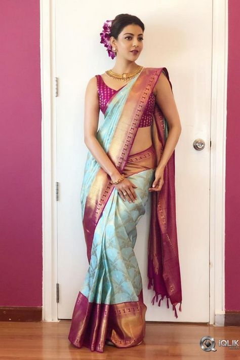 Kajal Agarwal Gallery South Indian Wedding Saree, Latest Silk Sarees, Kanjivaram Sarees Silk, Bridal Sarees South Indian, Silk Sarees With Price, Wedding Saree Collection, Indian Silk Sarees, Silk Saree Blouse Designs, Saree Blouse Designs Latest