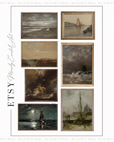 Moody coastal vintage art prints, ocean art Moody Coastal Aesthetic, Dark Coastal Decor, Moody Coastal Bedroom, Moody Coastal Decor, Masculine Coastal, Masculine Home Decor, Moody Coastal, Black Coastal, Masculine Wall Art