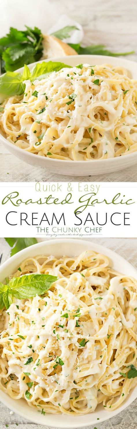 Roasted-Garlic-Cream-Sauce | Just a few ingredients make up this luxuriously creamy roasted garlic cream sauce... perfect for dipping or swirled with your favorite pasta! Roasted Garlic Cream Sauce, Garlic Cream Sauce, Fettuccine Alfredo, Minestrone, Rigatoni, Linguine, Cream Sauce, Recipes Dinner, Roasted Garlic