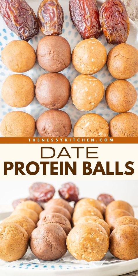 Bite into some naturally sweet food! It's a delicious snack recipe featuring energy balls with dates. Not only are these Medjool date protein balls healthy, but they will also satisfy your craving. Enjoy them in 6 different flavors! Energy Balls With Dates, Date Protein Balls, Protein Balls Healthy, Fresh Fruit Recipes, Healthier Desserts, Date Recipes, Healthy Snack Options, Protein Bites, Protein Balls