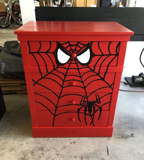 Spiderman Dresser, Spiderman Letters, Fun Furniture Design, Repaint Furniture, Kids Furniture Makeover, Spiderman Room Decor, Spiderman Bedroom, Spiderman Room, Boys Game Room