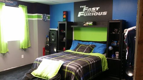 Fast And Furious Room Decor Ideas, Fast And Furious Room Ideas, Fast And Furious Bedroom Ideas, Fast And Furious Room Decor, Unique Bedrooms, Teal Bedroom Decor, Car Room, Boys Bedroom Makeover, Garage Room