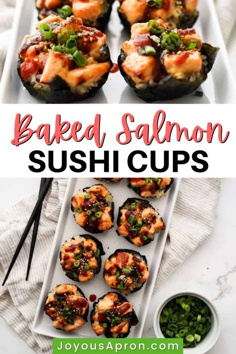 Salmon Sushi Cups - a fun twist to Japanese sushi rolls! Baked in a muffin tin, chewy sushi rice is wrapped in nori and topped with baked salmon, chopped green onions, furikake, unagi sauce and sriracha sauce. Sushi Bites Recipe, Salmon Sushi Bake Cups, Baked Sushi Cups, Salmon For Sushi, Salmon Sushi Cups, Baked Salmon Sushi, Sushi Cups, Baked Sushi, Traditional Sushi