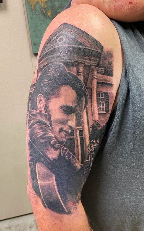 Portrait tattoo Elvis Presley Tattoo, Graceland Tattoo, Elvis Tattoo, Graceland, Elvis Presley, Skull Tattoo, Portrait Tattoo, Tattoo Ideas, Tattoos