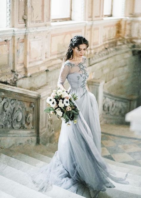 a beautiful light grey wedding dress with an embroidered illusion bodice, long sleeves and a layered skirt plus a train November Wedding Dresses, Light Gray Wedding, Blue Wedding Gowns, Nontraditional Wedding Dress, Grey Wedding Dress, Grey Wedding, Blue Wedding Dresses, Traditional Wedding Dresses, Nontraditional Wedding