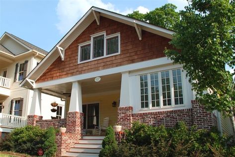 Craftsman bungalow red brick exterior shake siding Bungalow Airbnb, Gabled Porch, Siding Shingles, Craftsman Style Porch, Craftsman Bungalow Exterior, Craftsman Home Exterior, Craftsman Porch, Red Brick Exteriors, Cedar Shingle